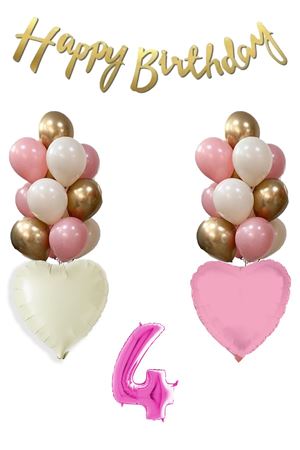 4 Yaş Pembe Kız Çocuk Doğum Günü Konsepti 16inç Pembe Rakam Happy Birthday Bannerlı Set