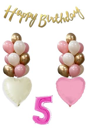 5 Yaş Pembe Kız Çocuk Doğum Günü Konsepti 16inç Pembe Rakam Happy Birthday Bannerlı Set