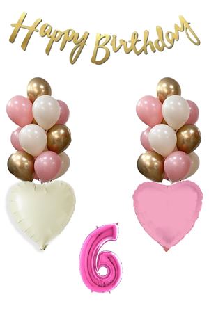 6 Yaş Pembe Kız Çocuk Doğum Günü Konsepti 16inç Pembe Rakam Happy Birthday Bannerlı Set