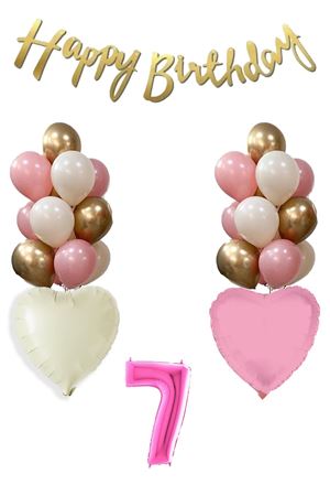 7 Yaş Pembe Kız Çocuk Doğum Günü Konsepti 16inç Pembe Rakam Happy Birthday Bannerlı Set