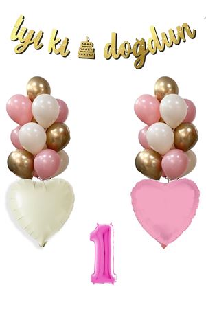 1 Yaş Pembe Doğum Günü Balon Seti 16inç Pembe Rakam İyi Ki Doğdun Bannerlı Set