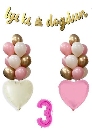 3 Yaş Pembe Doğum Günü Balon Seti 16inç Pembe Rakam İyi Ki Doğdun Bannerlı Set