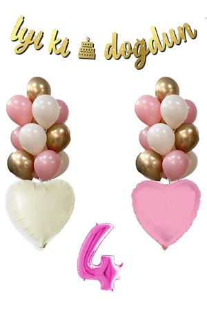 4 Yaş Pembe Doğum Günü Balon Seti 16inç Pembe Rakam İyi Ki Doğdun Bannerlı Set
