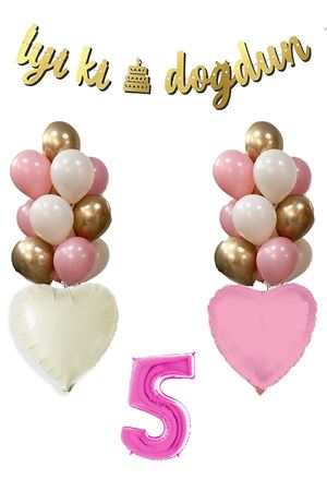 5 Yaş Pembe Doğum Günü Balon Seti 16inç Pembe Rakam İyi Ki Doğdun Bannerlı Set