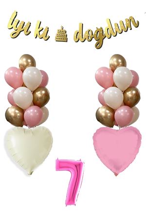 7 Yaş Pembe Doğum Günü Balon Seti 16inç Pembe Rakam İyi Ki Doğdun Bannerlı Set