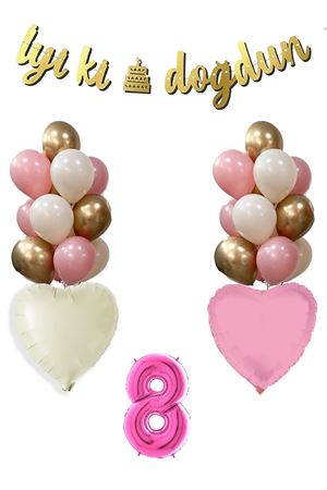 8 Yaş Pembe Doğum Günü Balon Seti 16inç Pembe Rakam İyi Ki Doğdun Bannerlı Set