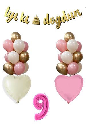 9 Yaş Pembe Doğum Günü Balon Seti 16inç Pembe Rakam İyi Ki Doğdun Bannerlı Set