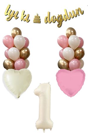 1 Yaş Kız Doğum Günü Konsepti Retro Krem Rakam İyi Ki Doğdun Bannerlı Balon Zinciri Seti