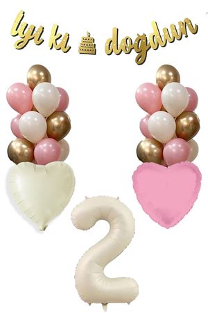 2 Yaş Kız Doğum Günü Konsepti Retro Krem Rakam İyi Ki Doğdun Bannerlı Balon Zinciri Seti