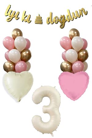 3 Yaş Kız Doğum Günü Konsepti Retro Krem Rakam İyi Ki Doğdun Bannerlı Balon Zinciri Seti
