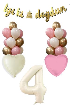 4 Yaş Kız Doğum Günü Konsepti Retro Krem Rakam İyi Ki Doğdun Bannerlı Balon Zinciri Seti 