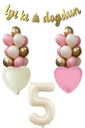 5 Yaş Kız Doğum Günü Konsepti Retro Krem Rakam İyi Ki Doğdun Bannerlı Balon Zinciri Seti 