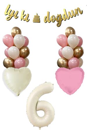 6 Yaş Kız Doğum Günü Konsepti Retro Krem Rakam İyi Ki Doğdun Bannerlı Balon Zinciri Seti