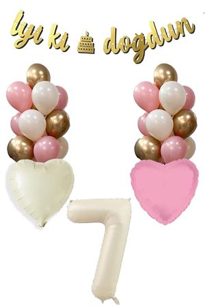 7 Yaş Kız Doğum Günü Konsepti Retro Krem Rakam İyi Ki Doğdun Bannerlı Balon Zinciri Seti