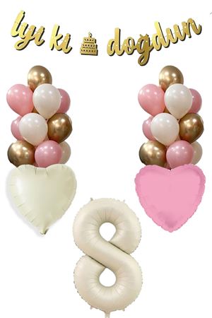 8 Yaş Kız Doğum Günü Konsepti Retro Krem Rakam İyi Ki Doğdun Bannerlı Balon Zinciri Seti