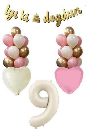 9 Yaş Kız Doğum Günü Konsepti Retro Krem Rakam İyi Ki Doğdun Bannerlı Balon Zinciri Seti