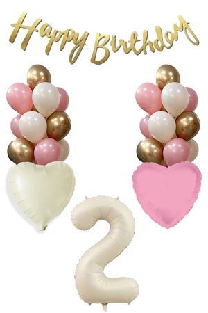 2 Yaş Kız Doğum Günü Konsepti Retro Krem Rakam Happy Birthday Bannerlı Balon Zinciri Seti