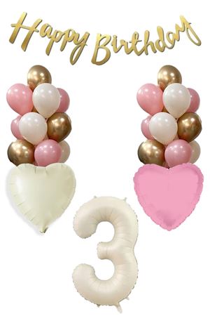 3 Yaş Kız Doğum Günü Konsepti Retro Krem Rakam Happy Birthday Bannerlı Balon Zinciri Seti
