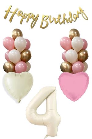 4 Yaş Kız Doğum Günü Konsepti Retro Krem Rakam Happy Birthday Bannerlı Balon Zinciri Seti