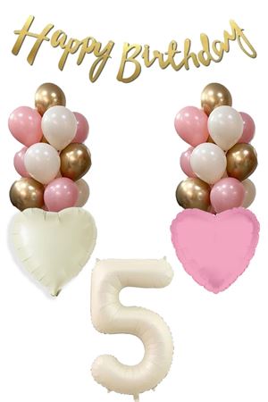 5 Yaş Kız Doğum Günü Konsepti Retro Krem Rakam Happy Birthday Bannerlı Balon Zinciri Seti