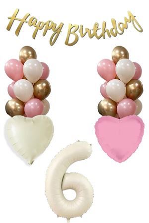6 Yaş Kız Doğum Günü Konsepti Retro Krem Rakam Happy Birthday Bannerlı Balon Zinciri Seti