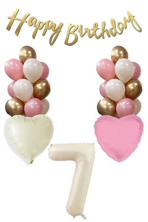 7 Yaş Kız Doğum Günü Konsepti Retro Krem Rakam Happy Birthday Bannerlı Balon Zinciri Seti