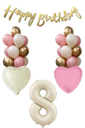 8 Yaş Kız Doğum Günü Konsepti Retro Krem Rakam Happy Birthday Bannerlı Balon Zinciri Seti