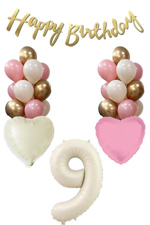 9 Yaş Kız Doğum Günü Konsepti Retro Krem Rakam Happy Birthday Bannerlı Balon Zinciri Seti