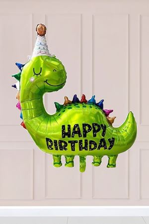 Şapkalı Yeşil Dinazor Balon Happy Birthday Yazılı Dinozor Folyo Balon