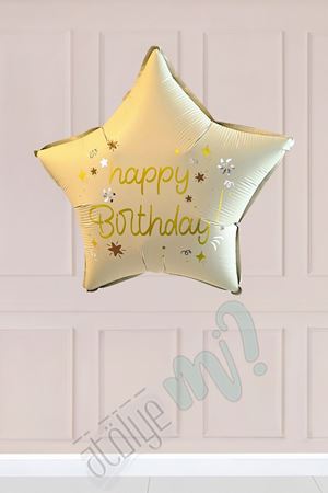 Krem Happy Birthday Yazılı Yıldız Folyo Balon