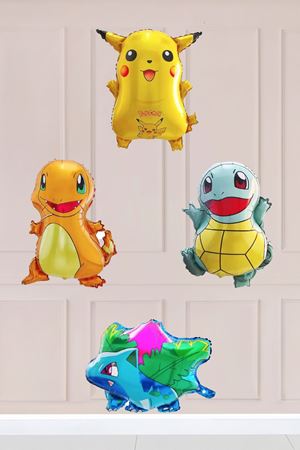 4lü Pokemon Folyo Balon Paketi - Charmander Squirtle Pikachu Bulbasaur Balon Paketi 4lü