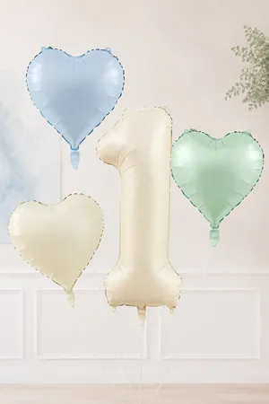 1 Yaş Retro Mavi Yeşil Krem Kalpli Folyo Balon Seti 44 1 Yaş