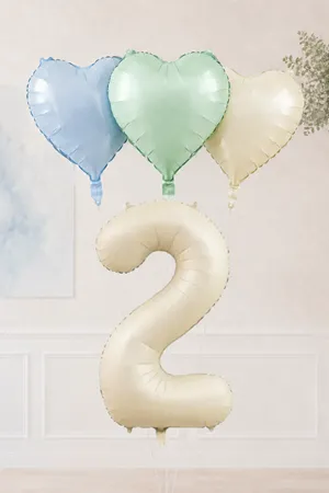 2 Yaş Retro Mavi Yeşil Krem Kalpli Folyo Balon Seti 44 2 Yaş