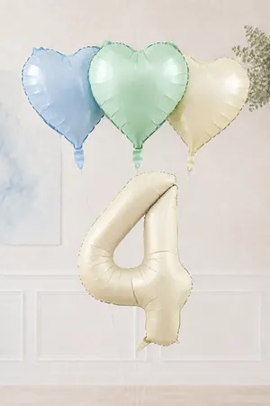 4 Yaş Retro Mavi Yeşil Krem Kalpli Folyo Balon Seti 44 4 Yaş