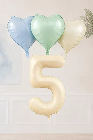 5 Yaş Retro Mavi Yeşil Krem Kalpli Folyo Balon Seti Set44 5 Yaş