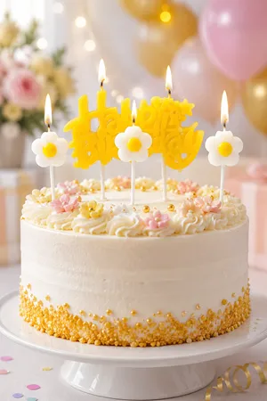 Papatya Tema Mum Seti Happy Birthday Yazısı ve Papatyalar 4lü Mum Seti 0395