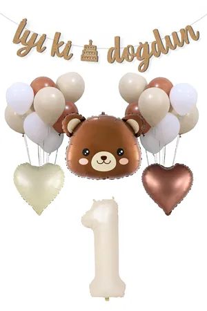 1 Yaş Ayı Kafası Folyo Balon Retro Balonlar 1 Yaş Doğum Günü Balon Seti Set28