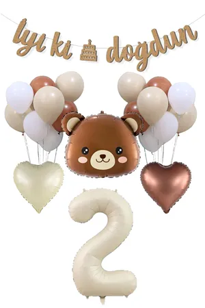 2 Yaş Ayı Kafası Folyo Balon Retro Balonlar 2 Yaş Doğum Günü Balon Seti Set28