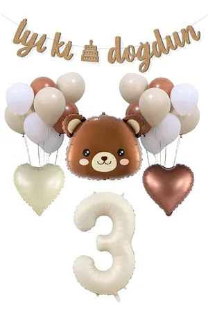3 Yaş Ayı Kafası Folyo Balon Retro Balonlar 3 Yaş Doğum Günü Balon Seti Set28