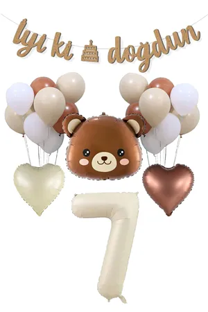 7 Yaş Ayı Kafası Retro Tema Balonlar 7 Yaş Doğum Günü Balon Seti Set28
