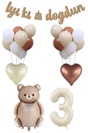 3 Yaş Retro Karamel Papyonlu Ayı ve Retro Balonlar Doğum Günü Balon Seti Set29