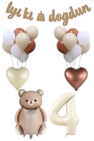 4 Yaş Retro Karamel Papyonlu Ayı ve Retro Balonlar Doğum Günü Balon Seti Set29