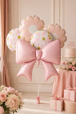 5 li Pembe Fiyonk Çiçekler ve Puantiyeli Balonlar Seti