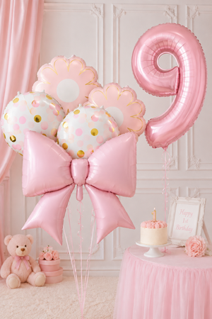 9 Yaş Pembe Fiyonk Konsept Folyo Balon Seti 6 Parça Balon Süsleme Seti