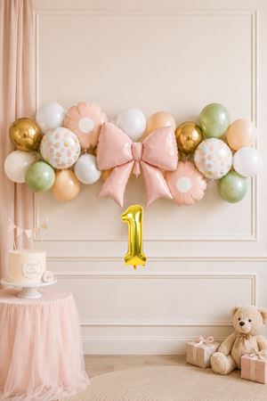 1 Yaş Gold Rakamlı Pembe Fiyonk Tema Lateks Balonlu Balon Zinciri Seti Set33 1 Yaş Doğum Günü