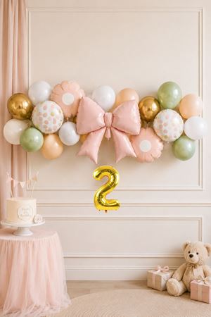 2 Yaş Gold Rakamlı Pembe Fiyonk Tema Lateks Balonlu Balon Zinciri Seti Set33 2 Yaş Doğum Günü