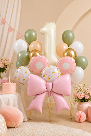 1 Yaş Retro Krem Pembe Fiyonk Konsept Doğum Günü Balon Zinciri Seti Set34