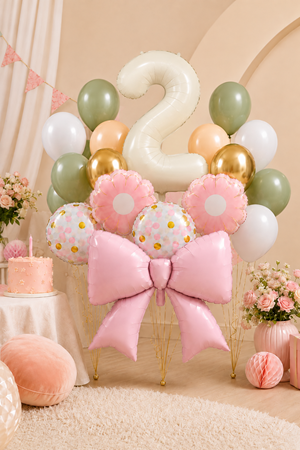 2 Yaş Retro Krem Pembe Fiyonk Konsept Doğum Günü Balon Zinciri Seti Set34