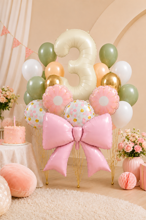 3 Yaş Retro Krem Pembe Fiyonk Konsept Doğum Günü Balon Zinciri Seti Set34