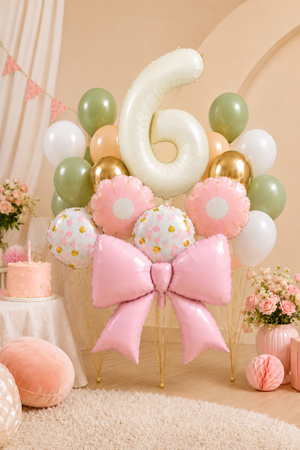 6 Yaş Retro Krem Pembe Fiyonk Konsept Doğum Günü Balon Zinciri Seti Set34